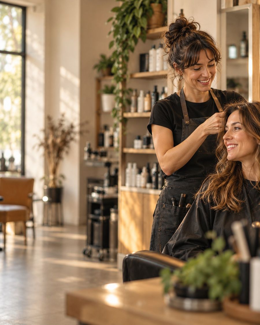 A hairdresser styles a smiling client's hair
