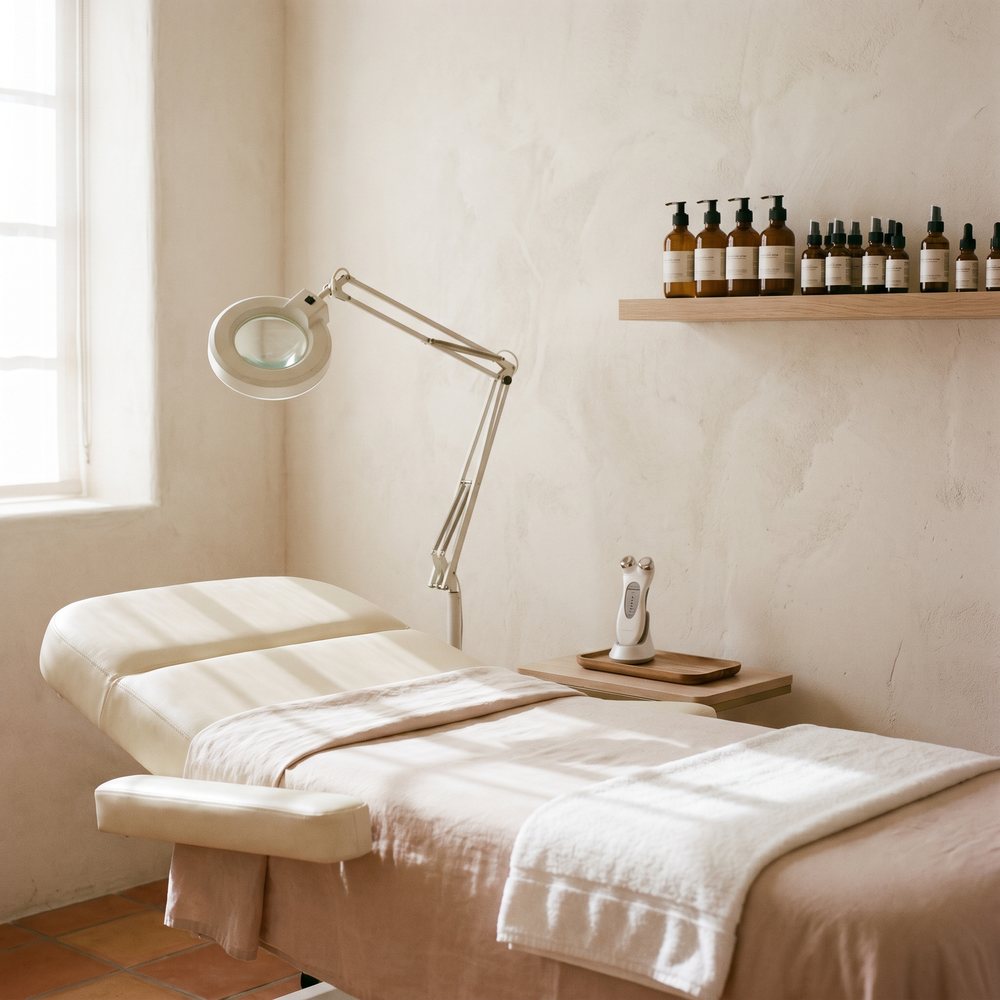 An aesthetic clinic's treatment room, clean light.