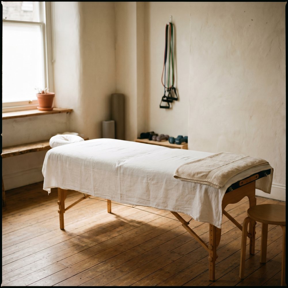 A physiotherapy room with a table and warm wood, natural light.
