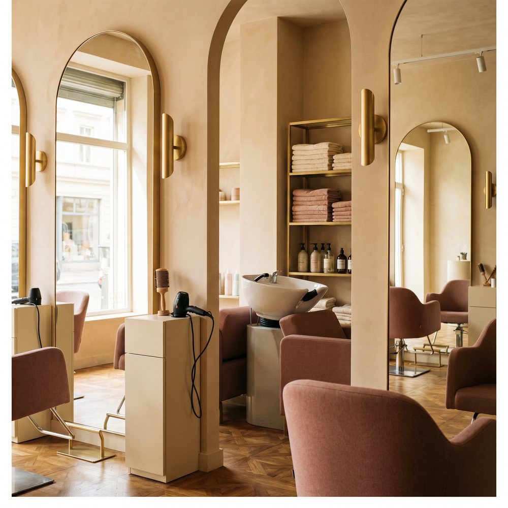 A neighbourhood hair salon with mirrors and chairs, a welcoming feel.